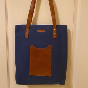 MOST WANTED USA Brand  15.5” X 14” Large Multi Pocket Tote Leather/Canvas Blue